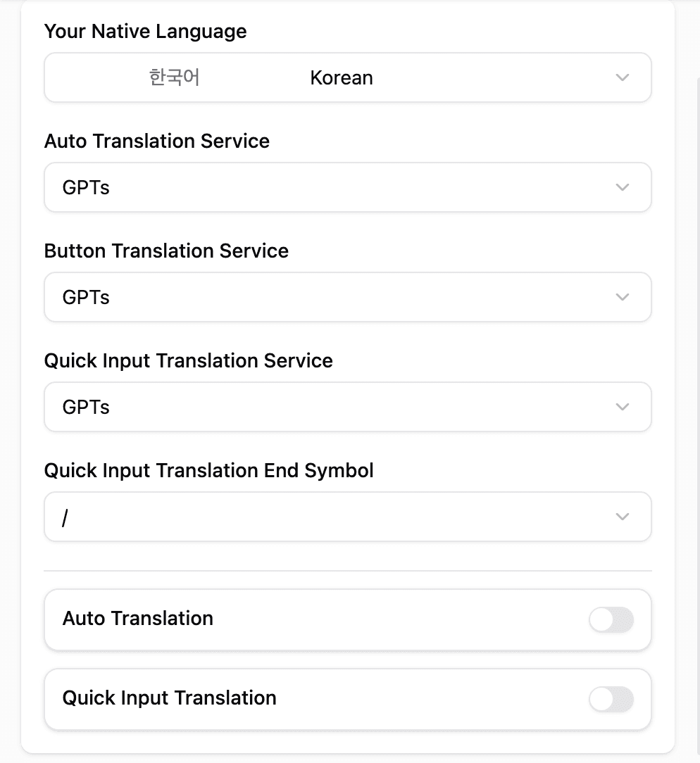 WhatsApp Translator Pop-up Settings