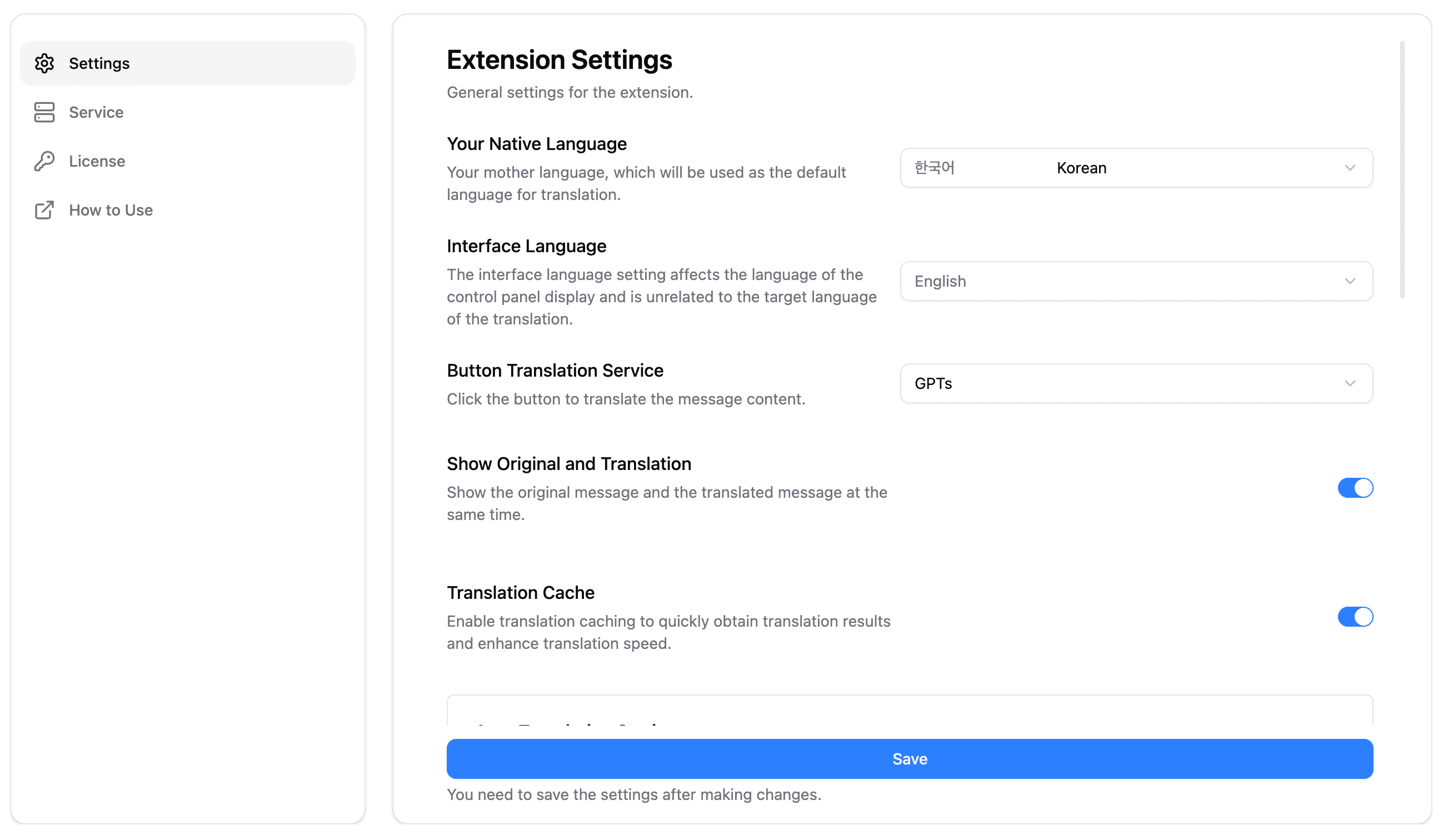 WhatsApp Translator Options Page
